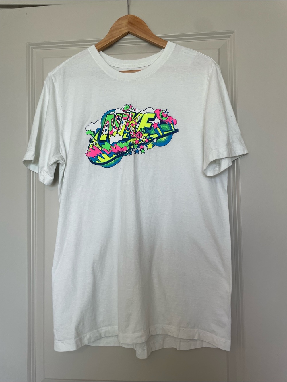 Nike White Short-Sleeve Tee with Neon Multicolor Graphic
